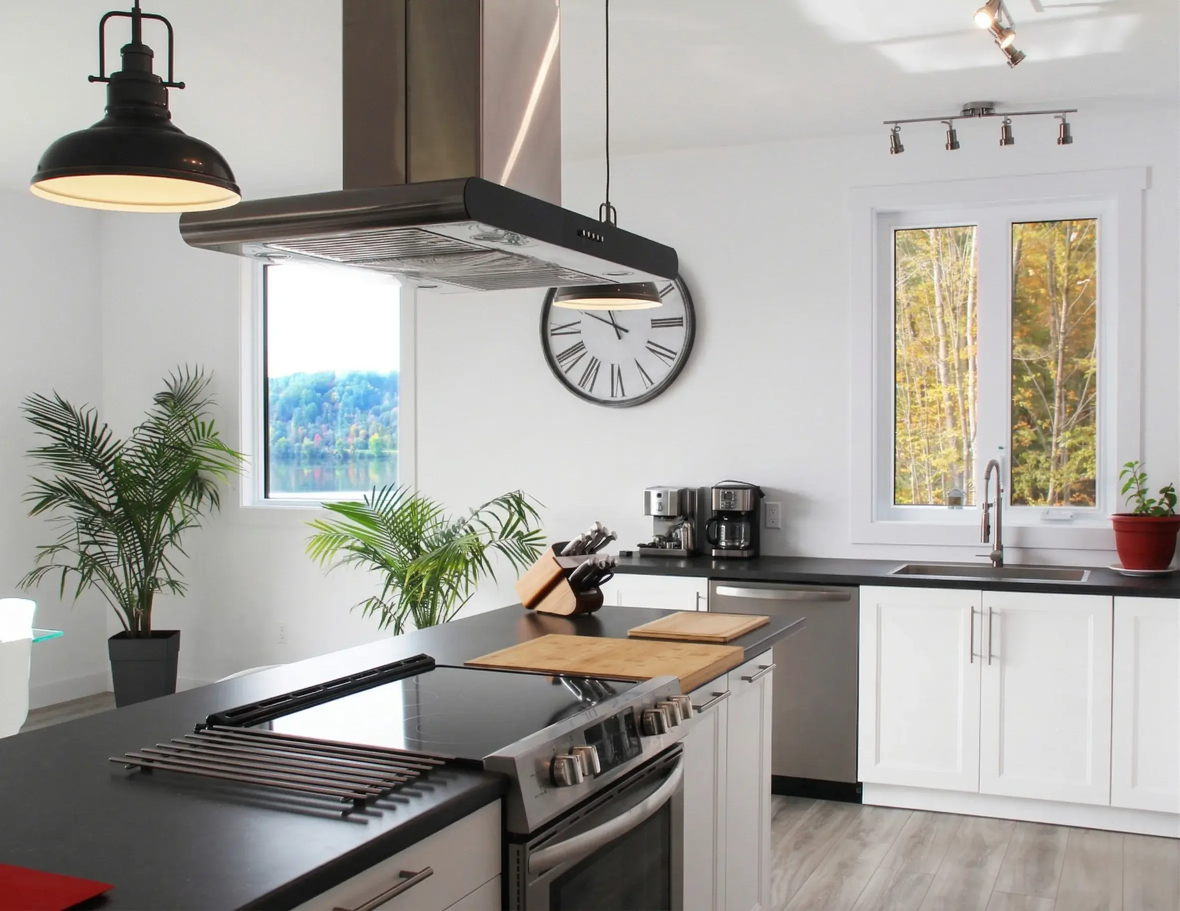 Cuisine ouverte avec hotte îlot et grandes fenêtres lumineuses