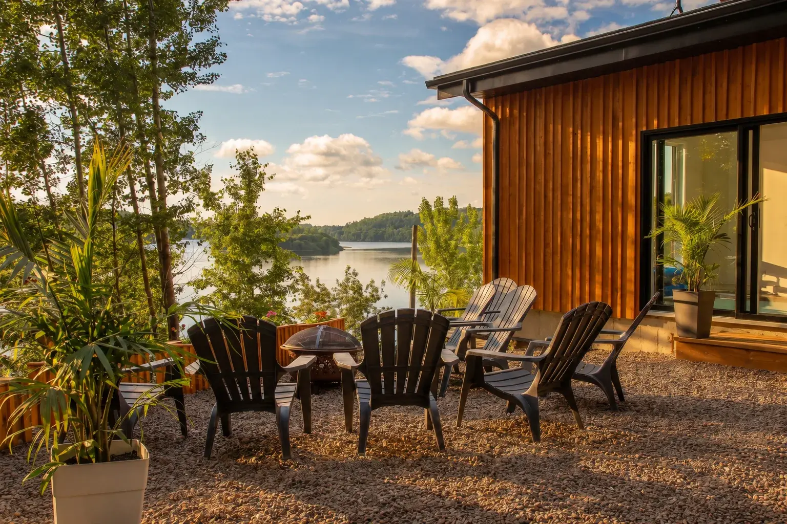 Terrasse extérieure avec chaises Adirondack et foyer face à la rivière au coucher du soleil