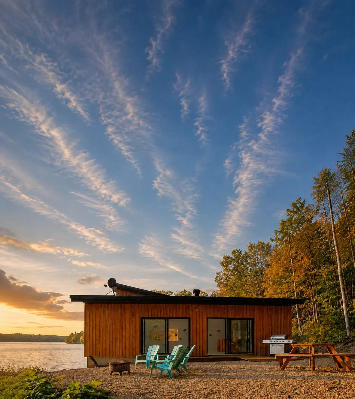 Le chalet au coucher du soleil : foyer, terrasse et bord de rivière